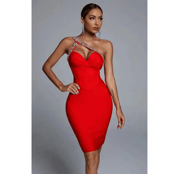 Sexy Women’s Mini Bandage One-Shoulder Bodycon Dress – Rhinestone Party Vestido