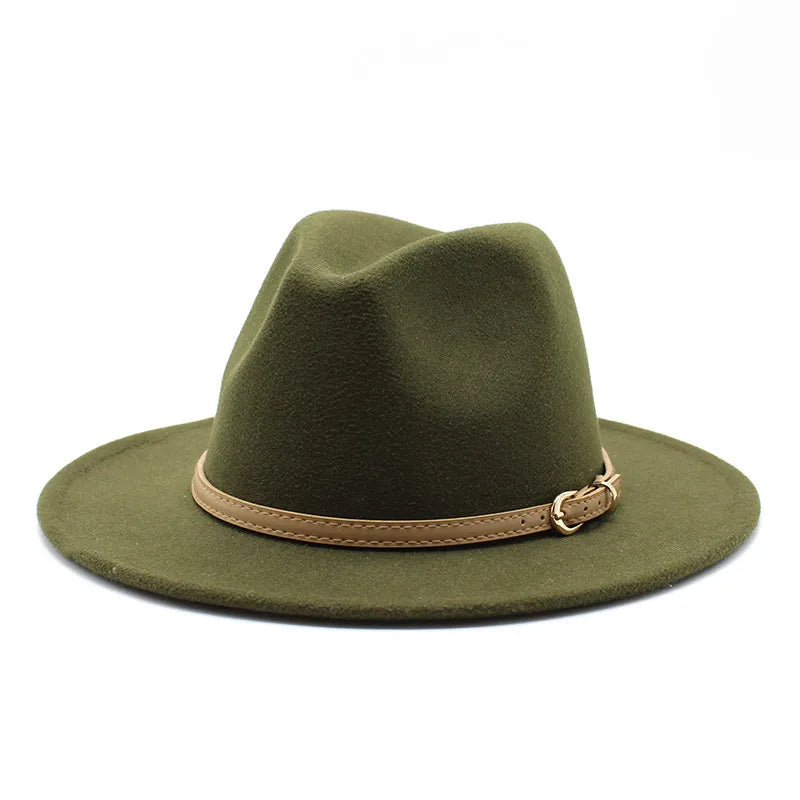 Unisex Wide Brim Fedora Hat – Classic Khaki & Black Formal Winter Hat with Belt Band
