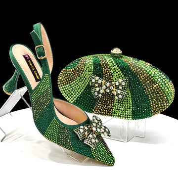 Green Rhinestone Pointed Toe Heels & Matching Handbag Set