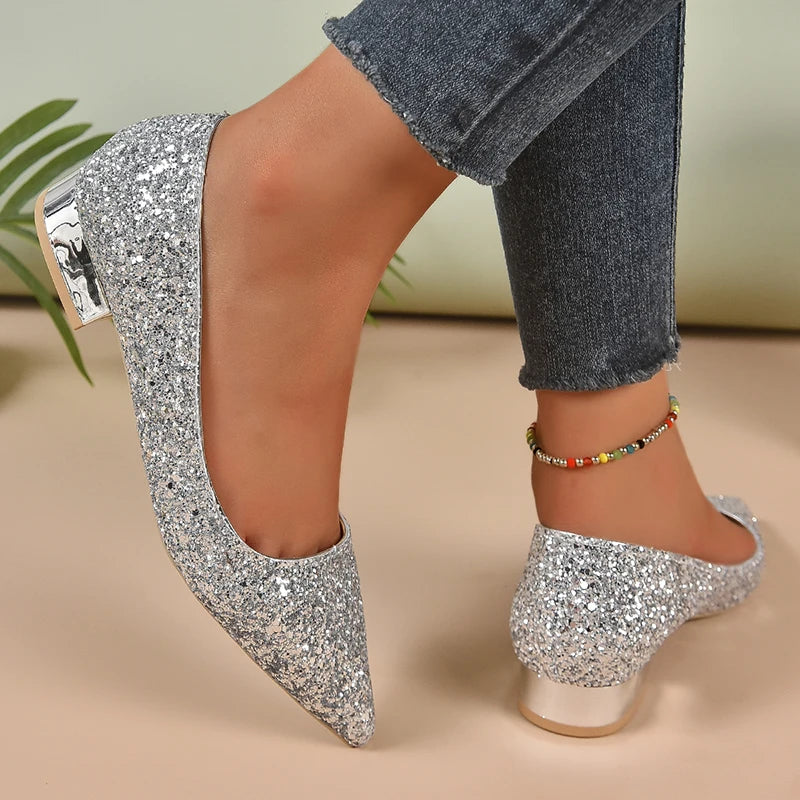 Low Heel Shiny Pointed Shoes - Blingy Bag LLC