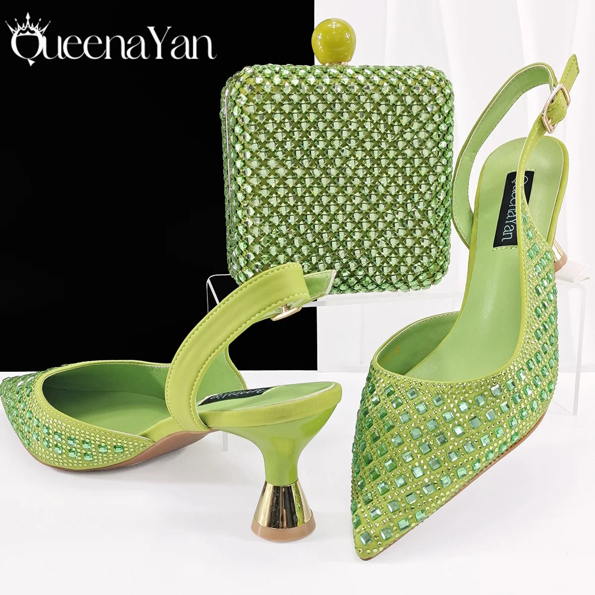 Queena Yan Italian Design Green Rhinestone Shoes & Bag Set – Women’s Pointed Toe High Heels for Parties
