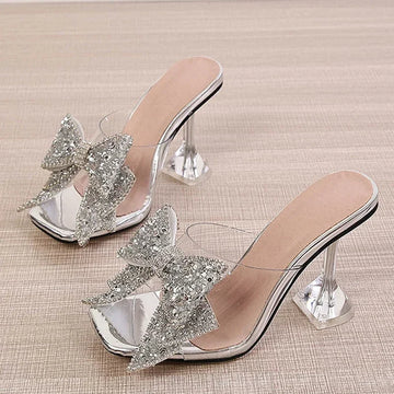 New Transparent Slippers for Women – Silver Crystal Bow High-Heel Mules