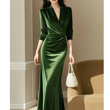 Elegant Green V-Neck Long Sleeve Dress – Vintage Slim Fit