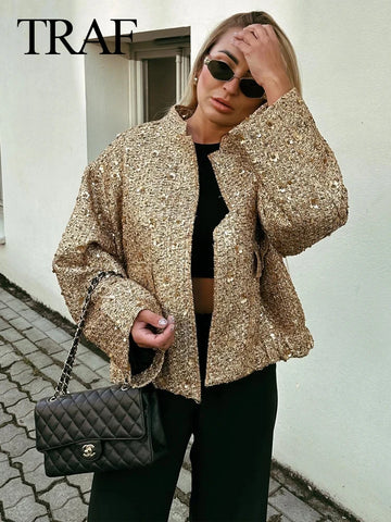 TRAFZA Women’s Sequin Jacket – Gold Stand Collar Short Coat, Y2K High Streetwear