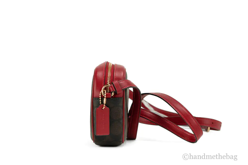 Coach Jamie Mini Brown Red Coated Canvas Camera Crossbody Handbag - Blingy Bag LLC