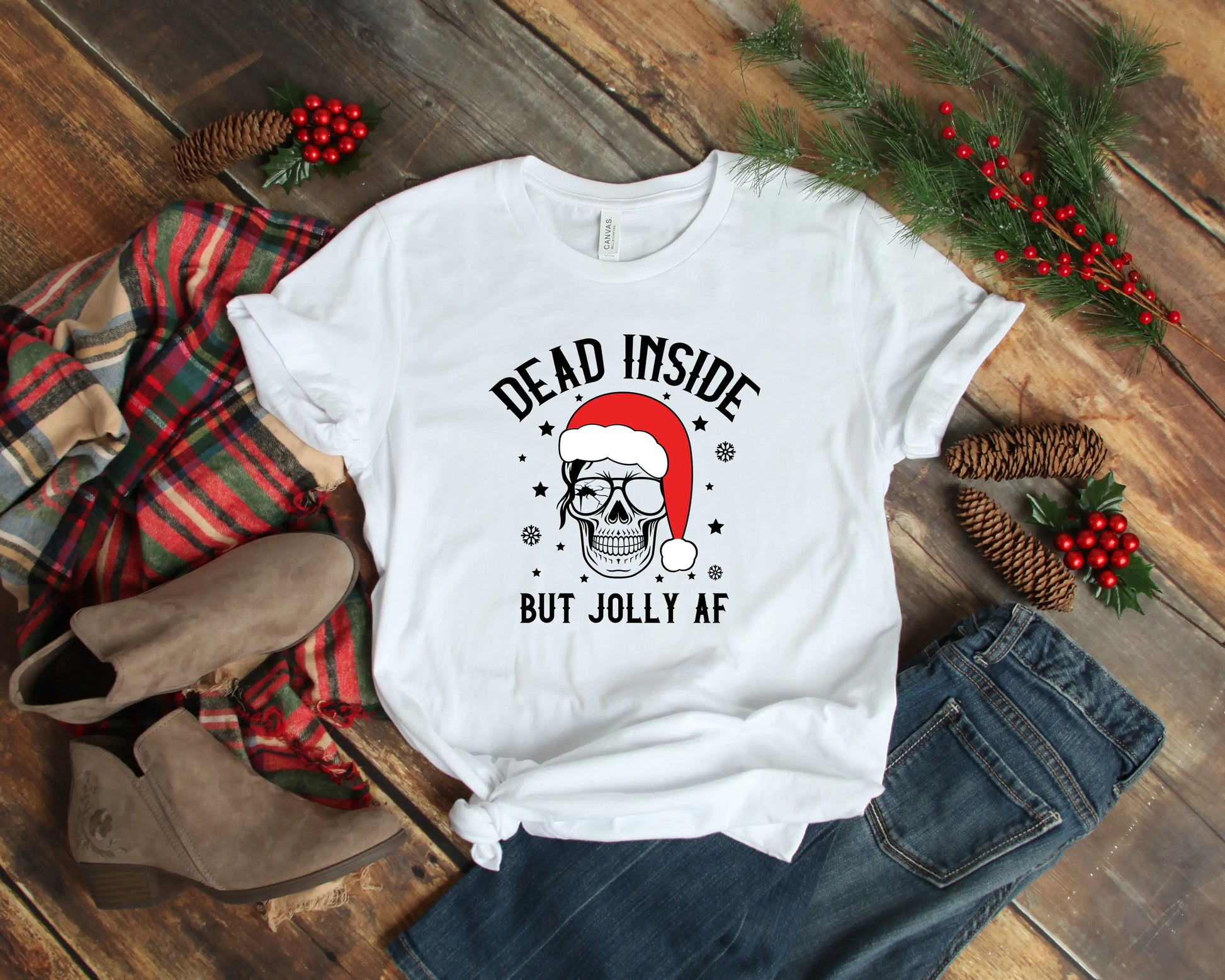 Dead Inside But Joly AF Christmas Skeleton Shirt, Christmas Shirt - Blingy Bag LLC