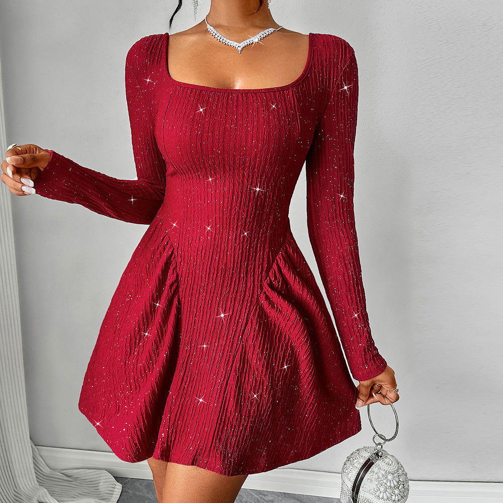 Women's Clothing Long Sleeve Square-neck Dress - Blingy Bag LLC