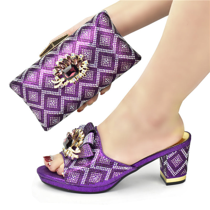 European And American Shoes And Bags Set Solid Color Rhinestone Sandals With Clutch - Blingy Bag LLC