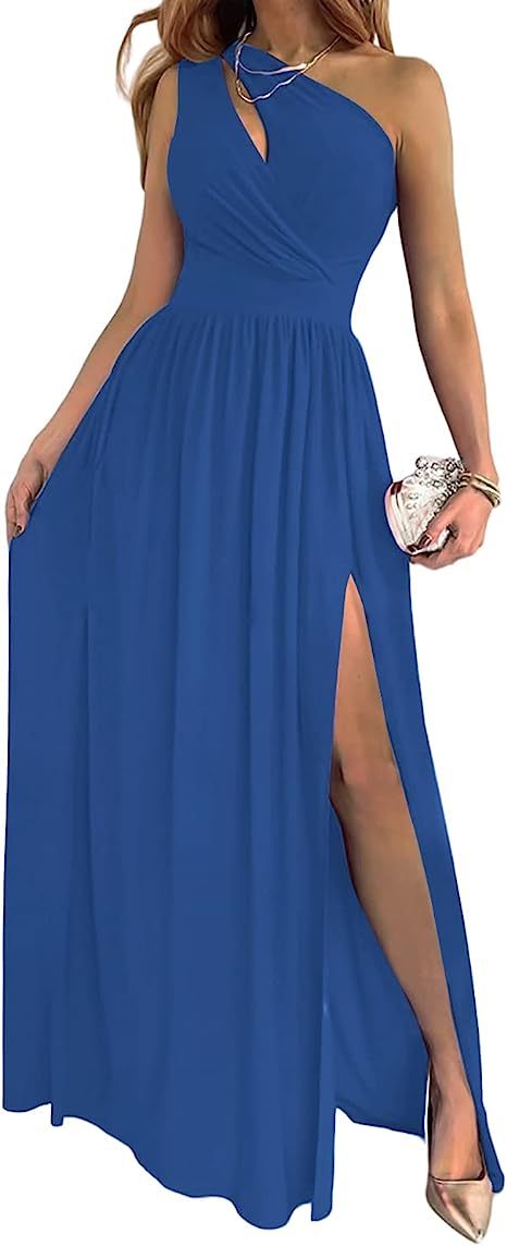 Women's One Shoulder High Split Cutout Sleeveless Elegant Sexy Cocktail Maxi Dress - Blingy Bag LLC