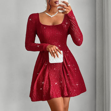 Women's Clothing Long Sleeve Square-neck Dress - Blingy Bag LLC