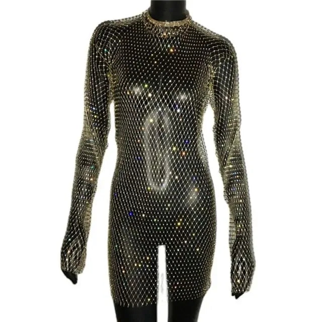 Bling Rhinestones Fishnet Mini Dress - Blingy Bag LLC