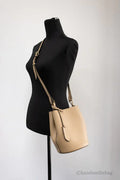 Burberry Lorne Small Camel Haymarket Check Leather Bucket Handbag - Blingy Bag LLC