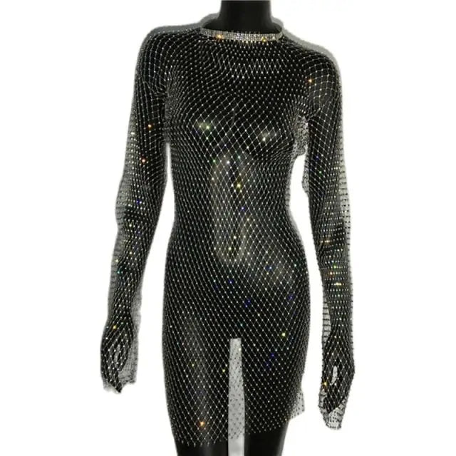 Bling Rhinestones Fishnet Mini Dress - Blingy Bag LLC