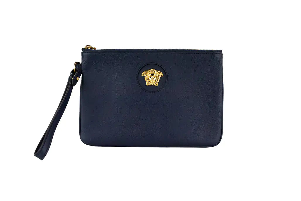 Versace Small Navy Pebbled Leather Wristlet Clutch Pouch - Blingy Bag LLC