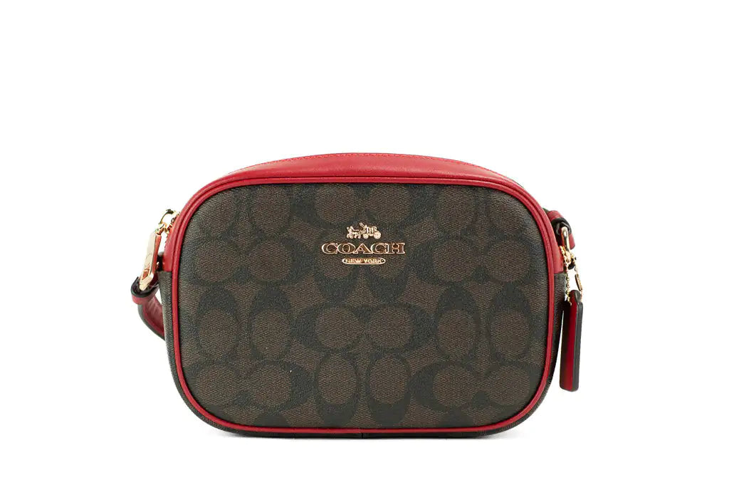 Coach Jamie Mini Brown Red Coated Canvas Camera Crossbody Handbag - Blingy Bag LLC