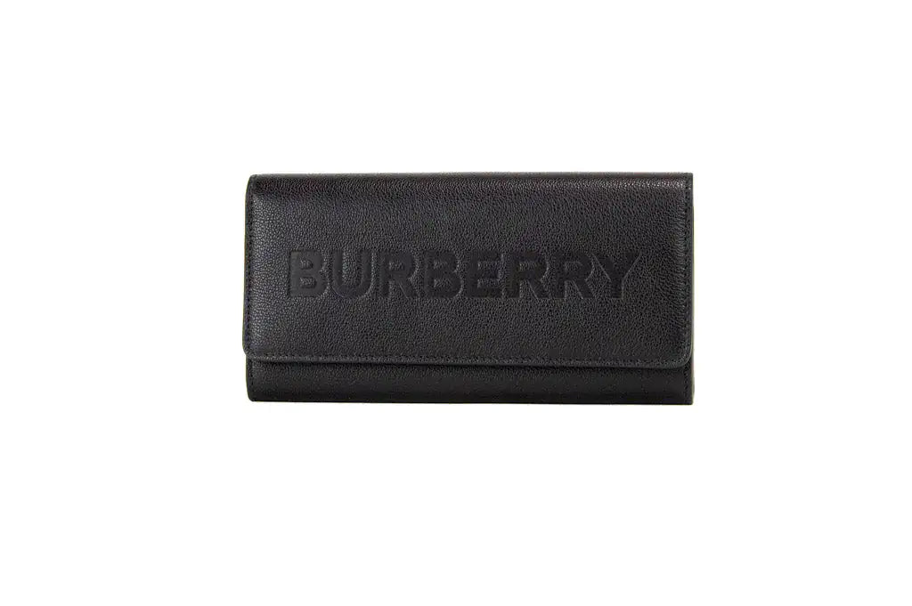 Burberry Porter Black Leather Branded Embossed Clutch Flap Wallet - Blingy Bag LLC