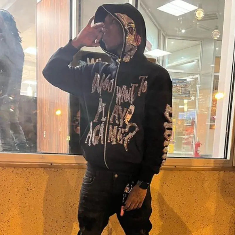 Letter Pattern Rhinestones Hoodie - Blingy Bag LLC