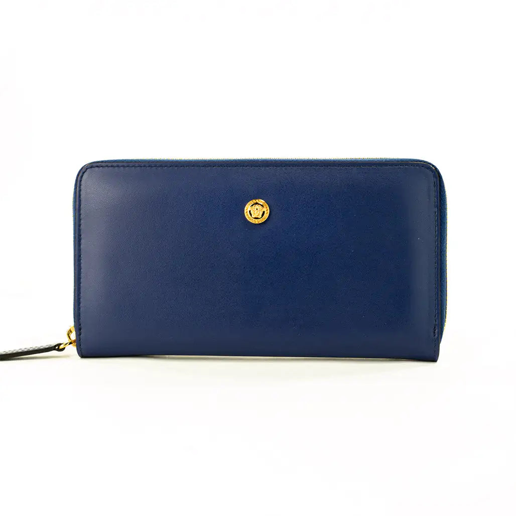 Versace Navy Leather Medusa Continental Clutch Wallet - Blingy Bag LLC