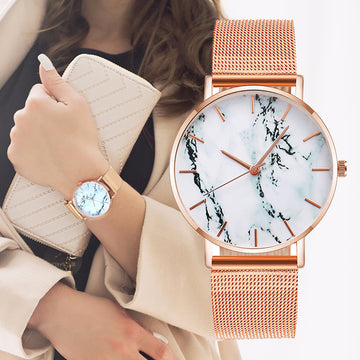 Rose Gold Mesh Band Marble Watch - Blingy Bag LLC